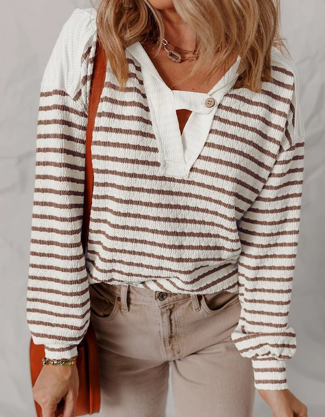 Khaki Stripe Textured Hooded V Neck Casual Long Sleeve Top
