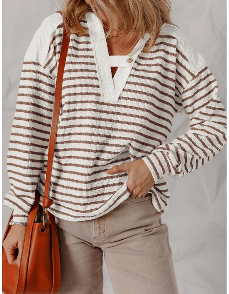 Khaki Stripe Textured Hooded V Neck Casual Long Sleeve Top