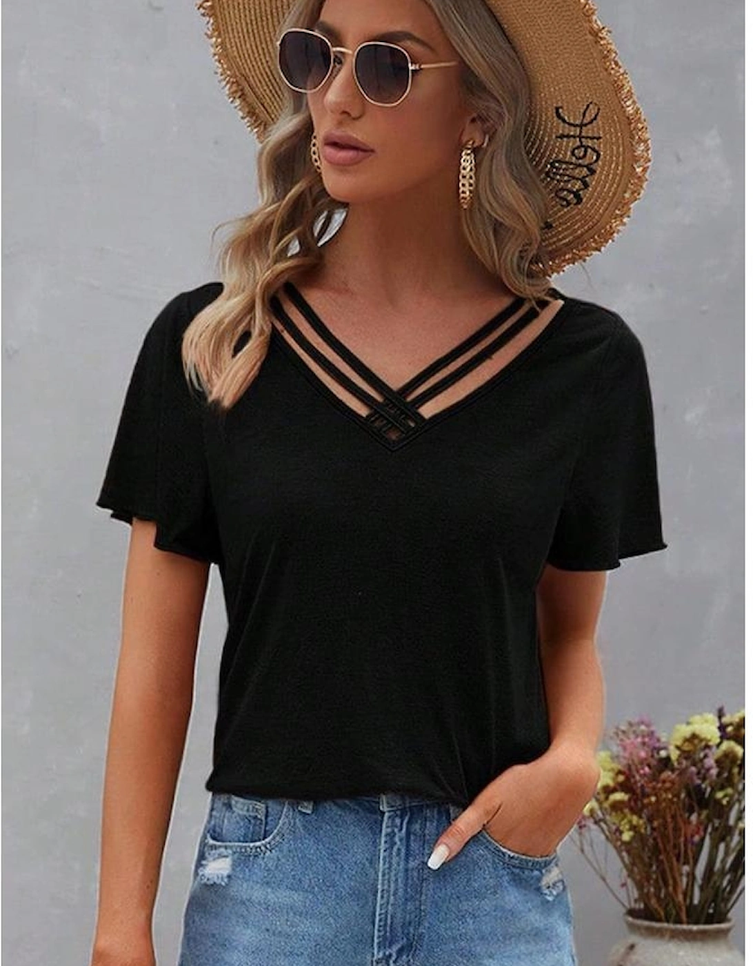Black Crisscross V Neck Butterfly Sleeve T Shirt