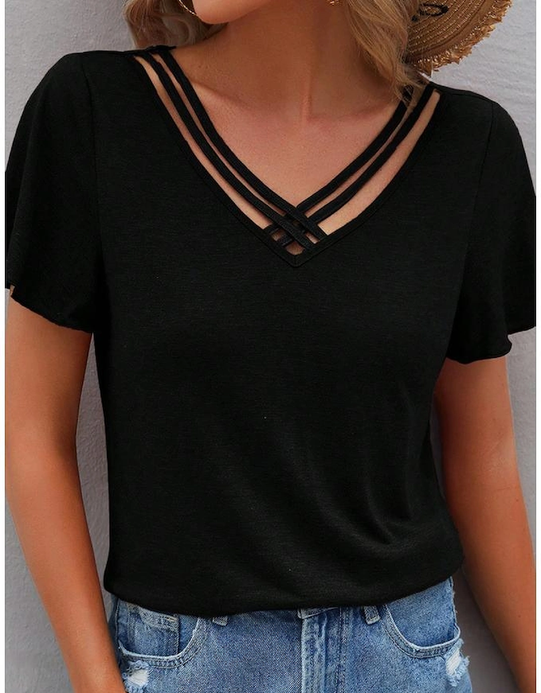 Black Crisscross V Neck Butterfly Sleeve T Shirt