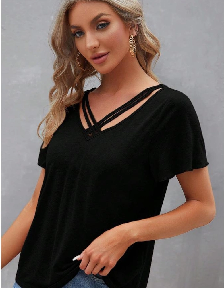 Black Crisscross V Neck Butterfly Sleeve T Shirt