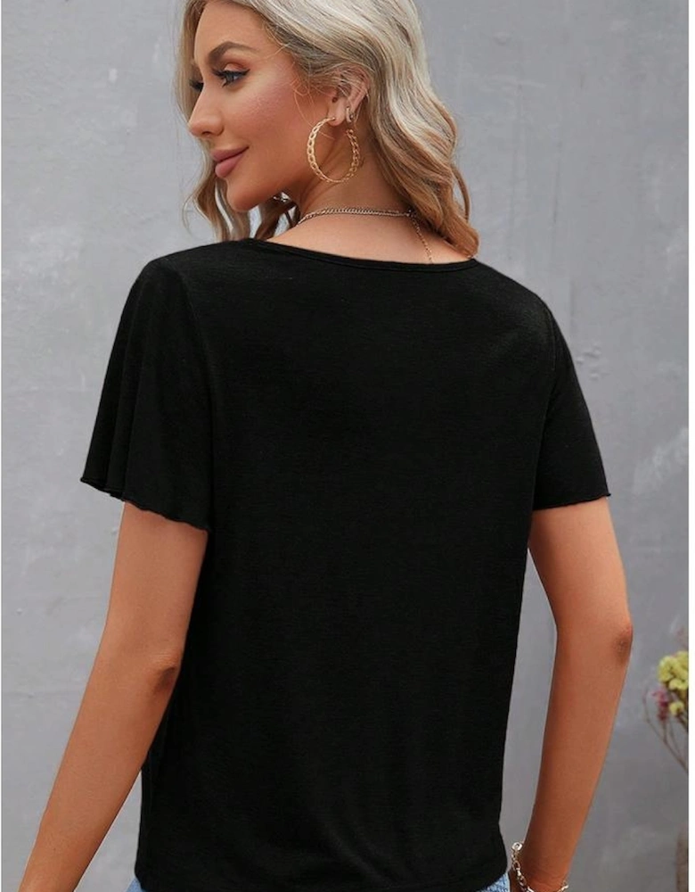 Black Crisscross V Neck Butterfly Sleeve T Shirt