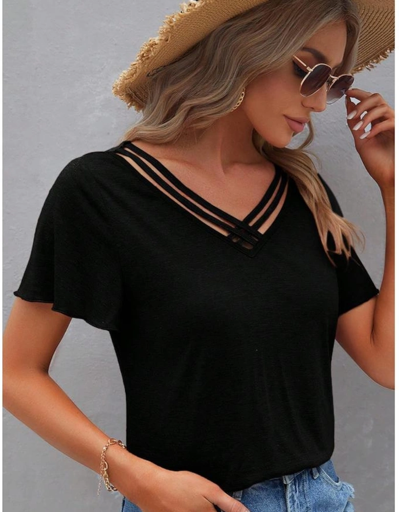 Black Crisscross V Neck Butterfly Sleeve T Shirt