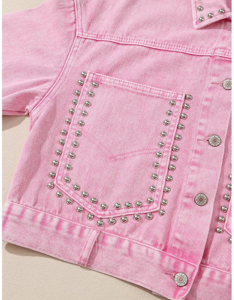 Pink Rivet Studded Pocketed Denim Jacket