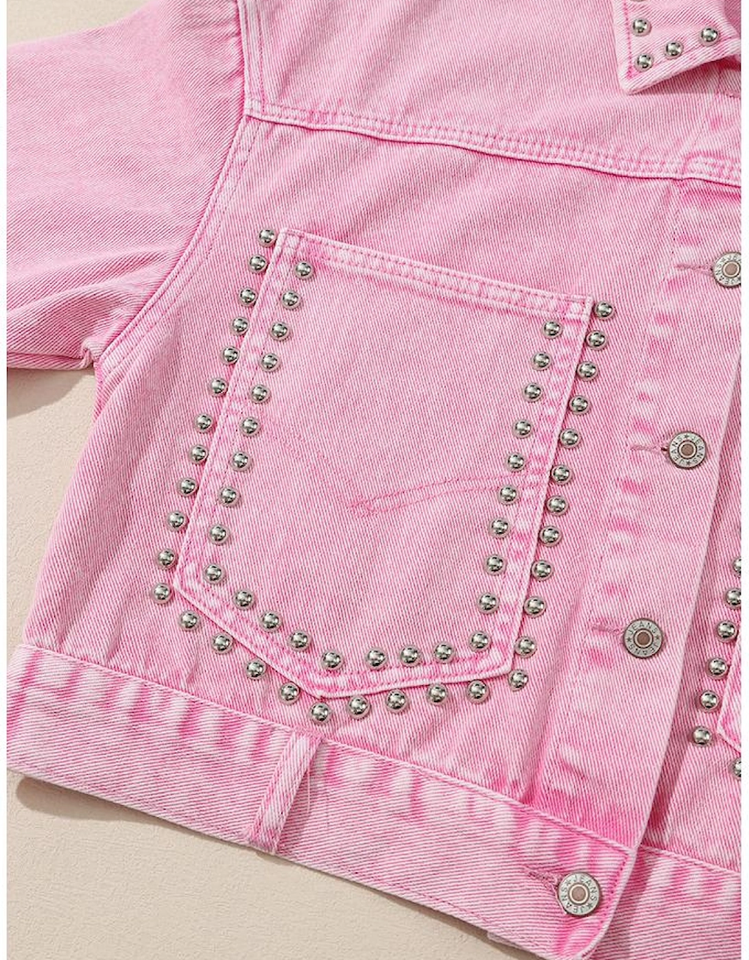 Pink Rivet Studded Pocketed Denim Jacket