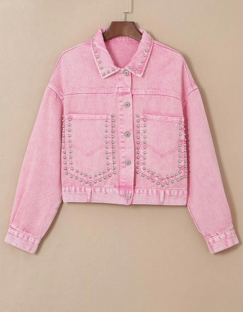 Pink Rivet Studded Pocketed Denim Jacket