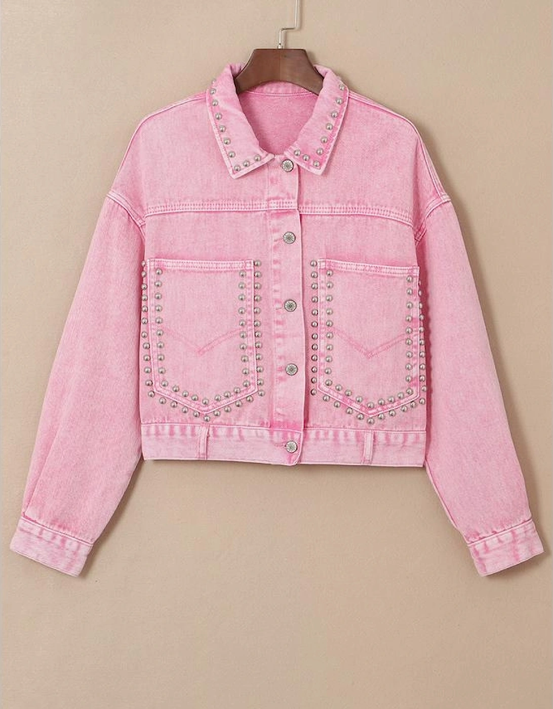 Pink Rivet Studded Pocketed Denim Jacket