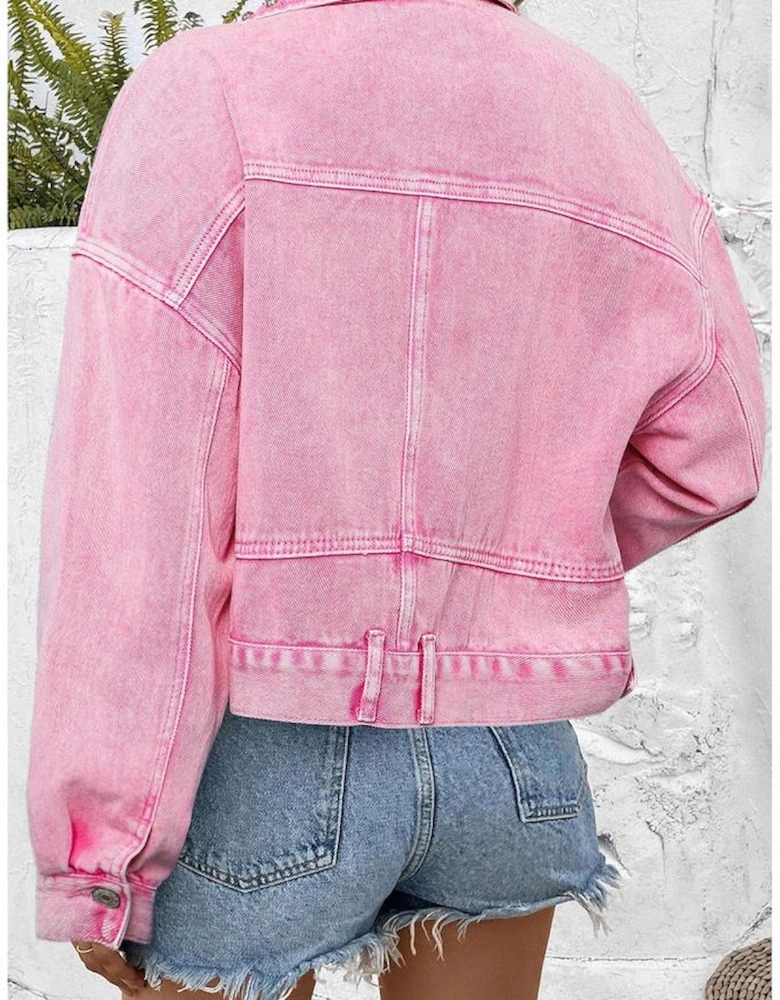 Pink Rivet Studded Pocketed Denim Jacket