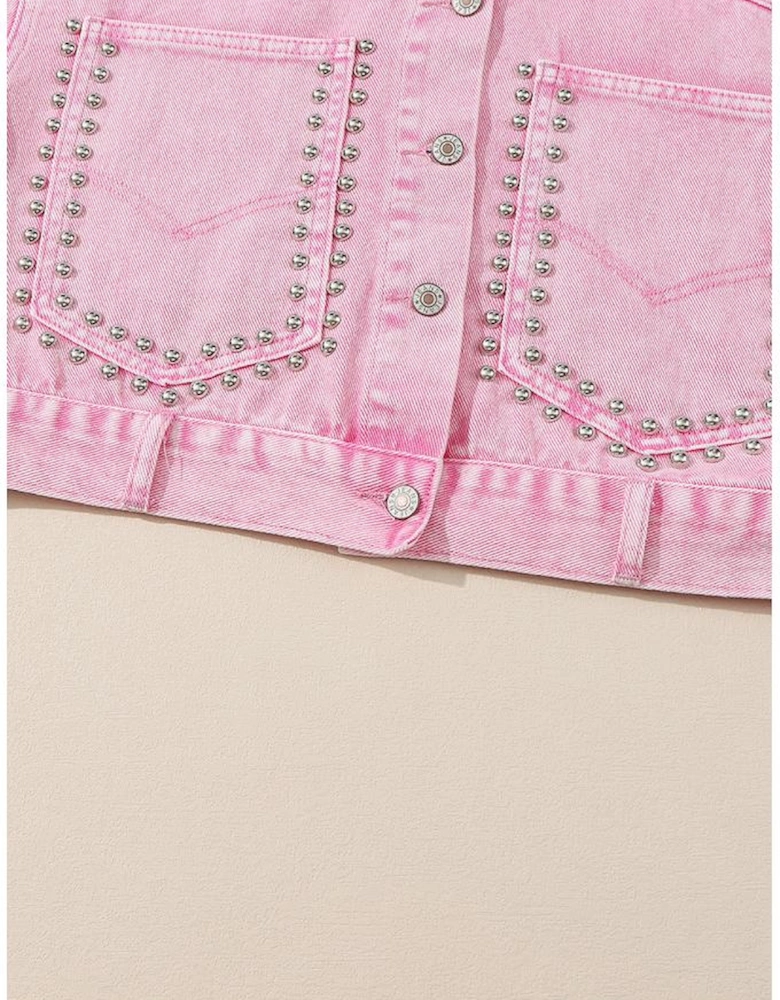 Pink Rivet Studded Pocketed Denim Jacket