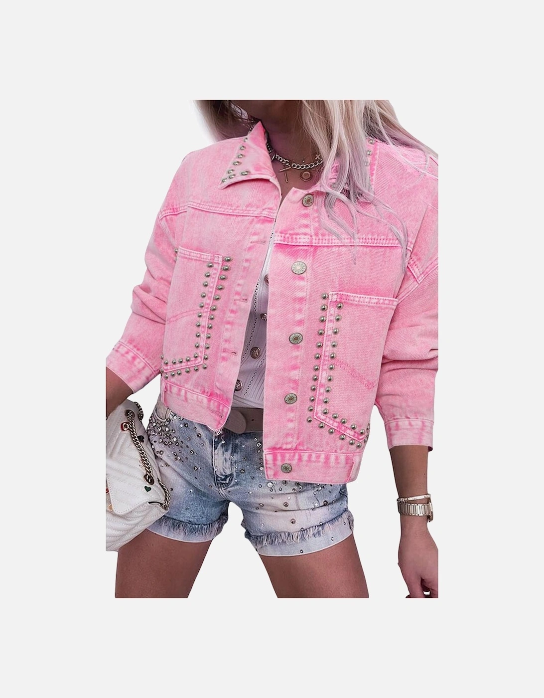 Pink Rivet Studded Pocketed Denim Jacket