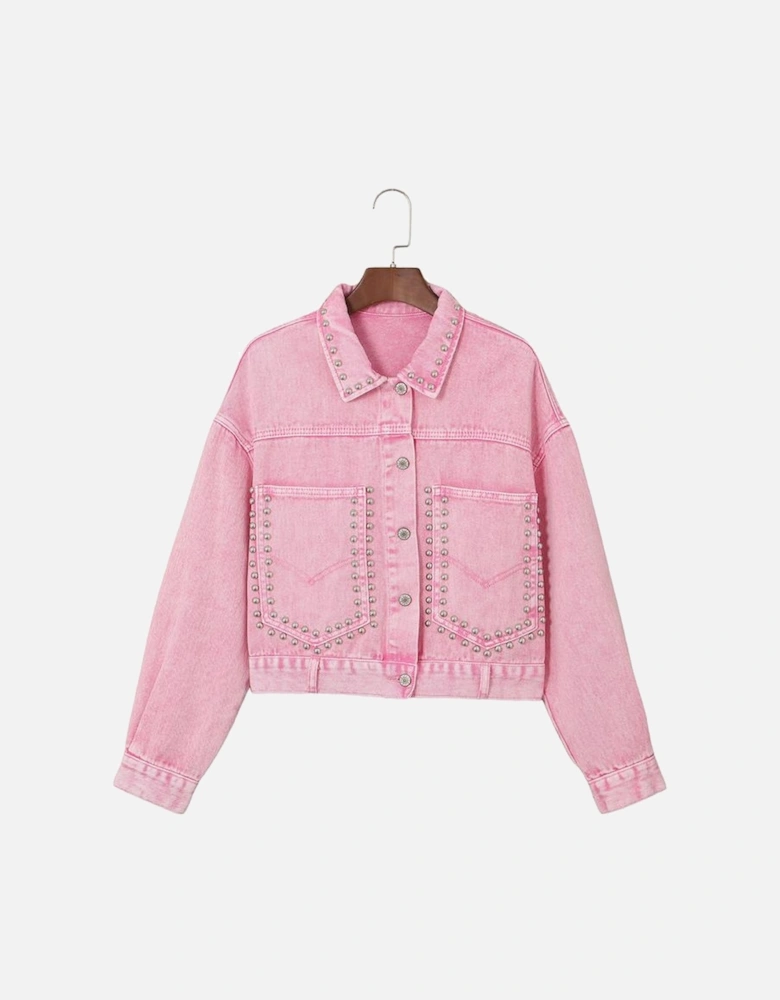 Pink Rivet Studded Pocketed Denim Jacket