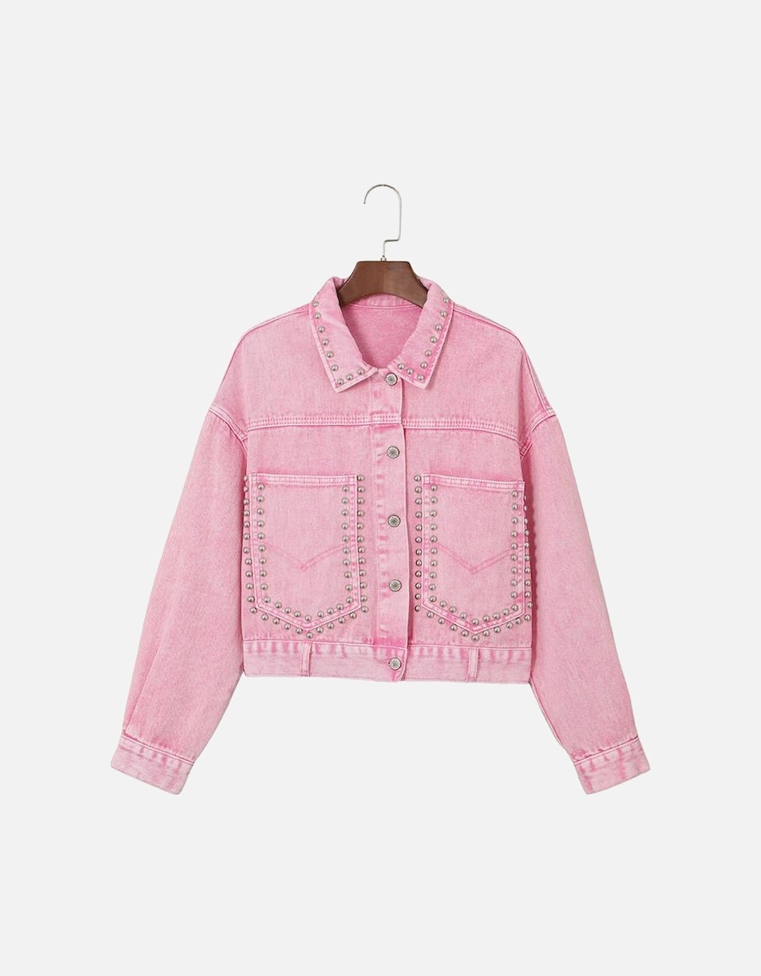 Pink Rivet Studded Pocketed Denim Jacket