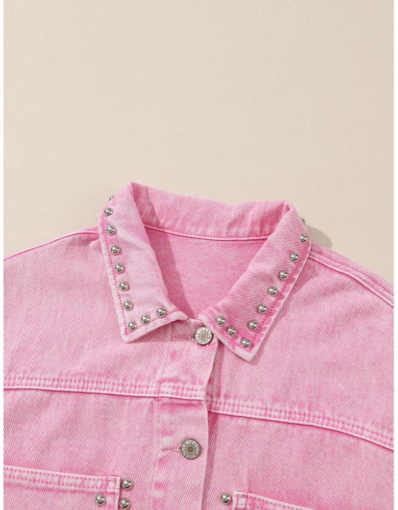 Pink Rivet Studded Pocketed Denim Jacket