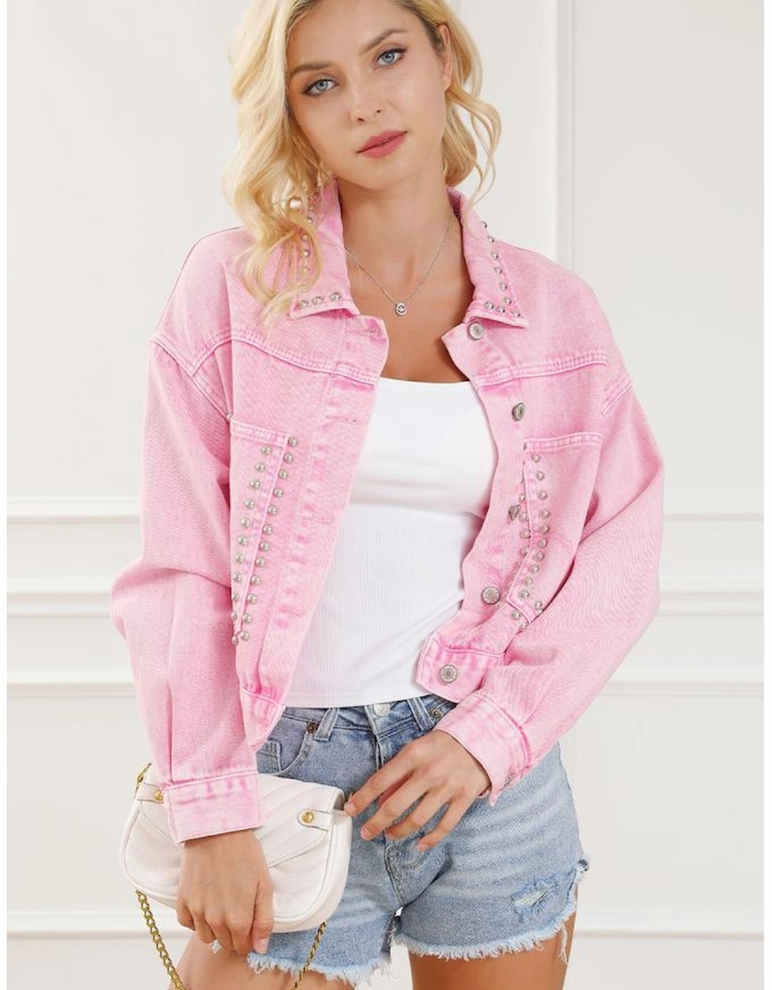 Pink Rivet Studded Pocketed Denim Jacket