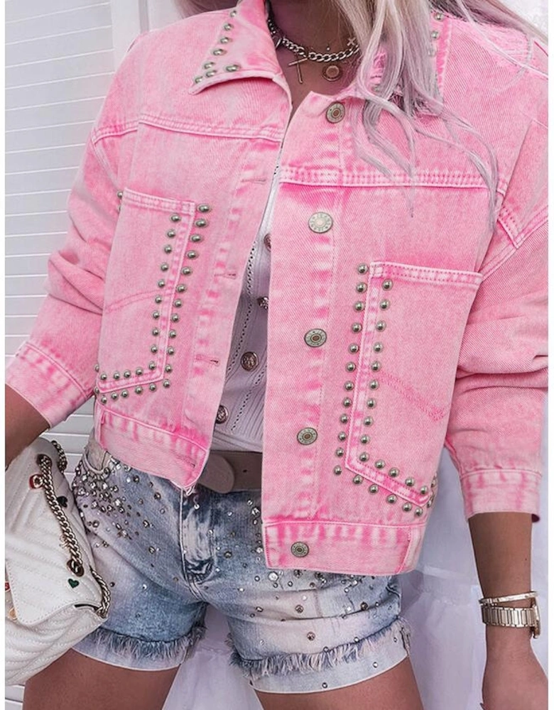 Pink Rivet Studded Pocketed Denim Jacket