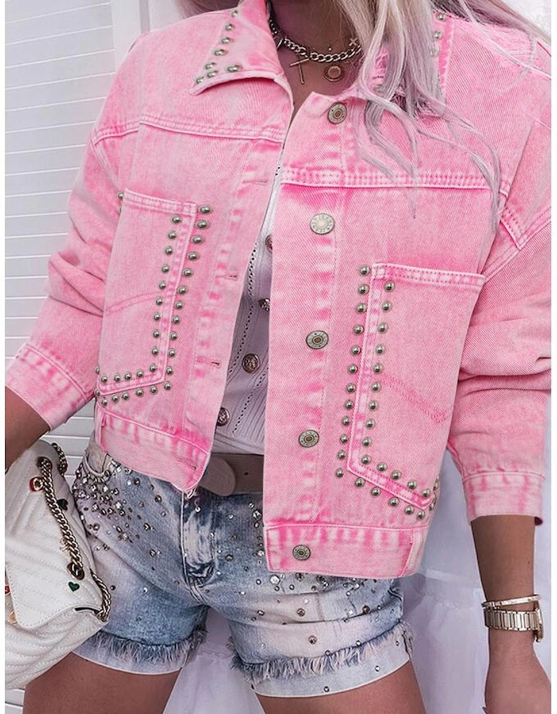Pink Rivet Studded Pocketed Denim Jacket