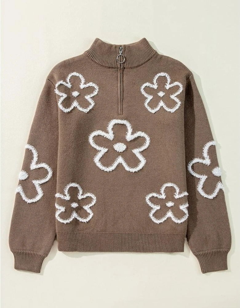 Parchment Contrast Flower Half Zipper Stand Neck Sweater