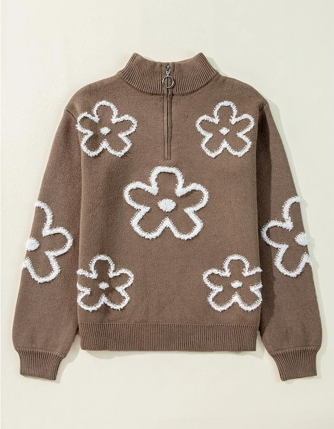Parchment Contrast Flower Half Zipper Stand Neck Sweater