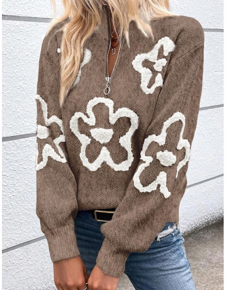 Parchment Contrast Flower Half Zipper Stand Neck Sweater