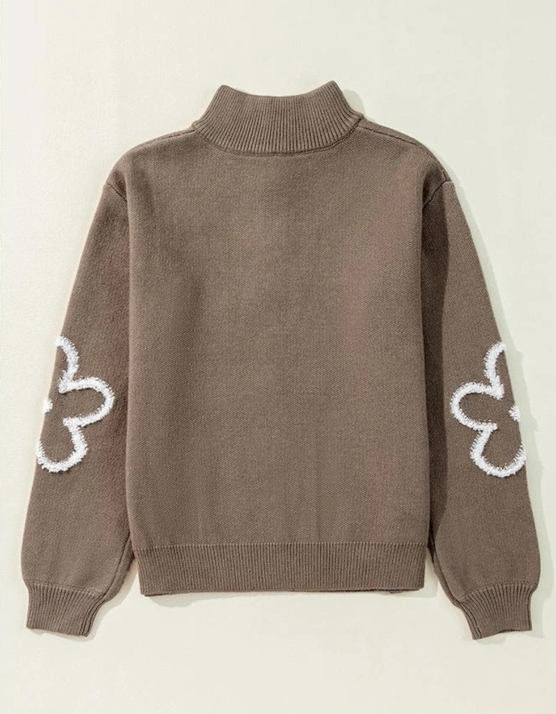 Parchment Contrast Flower Half Zipper Stand Neck Sweater