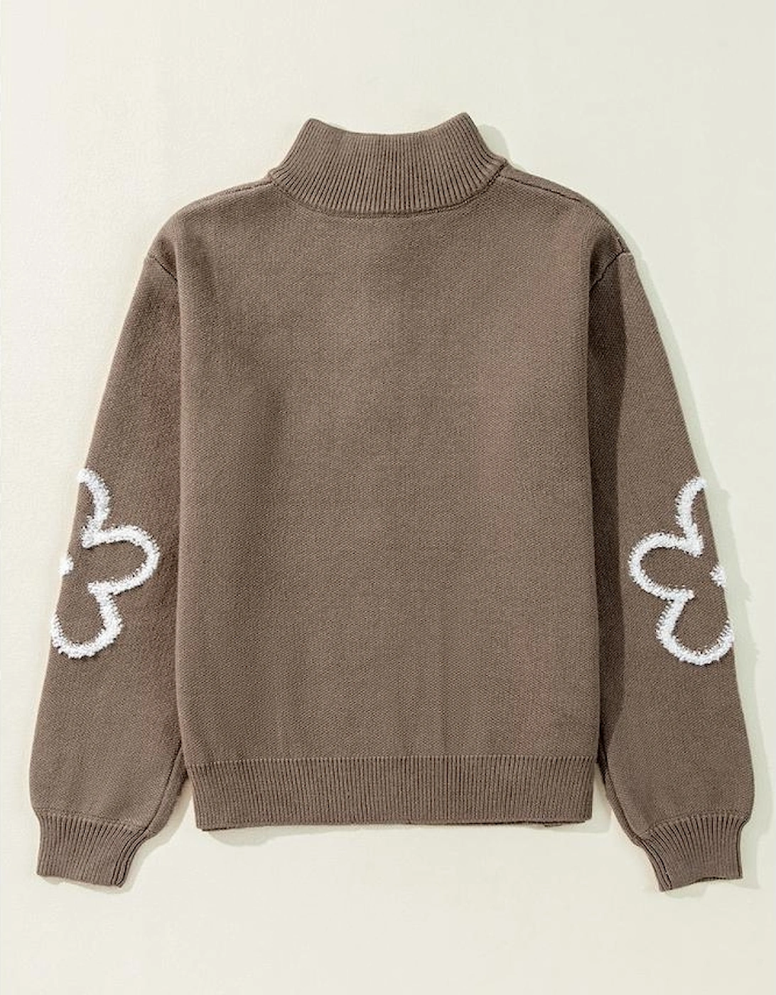 Parchment Contrast Flower Half Zipper Stand Neck Sweater