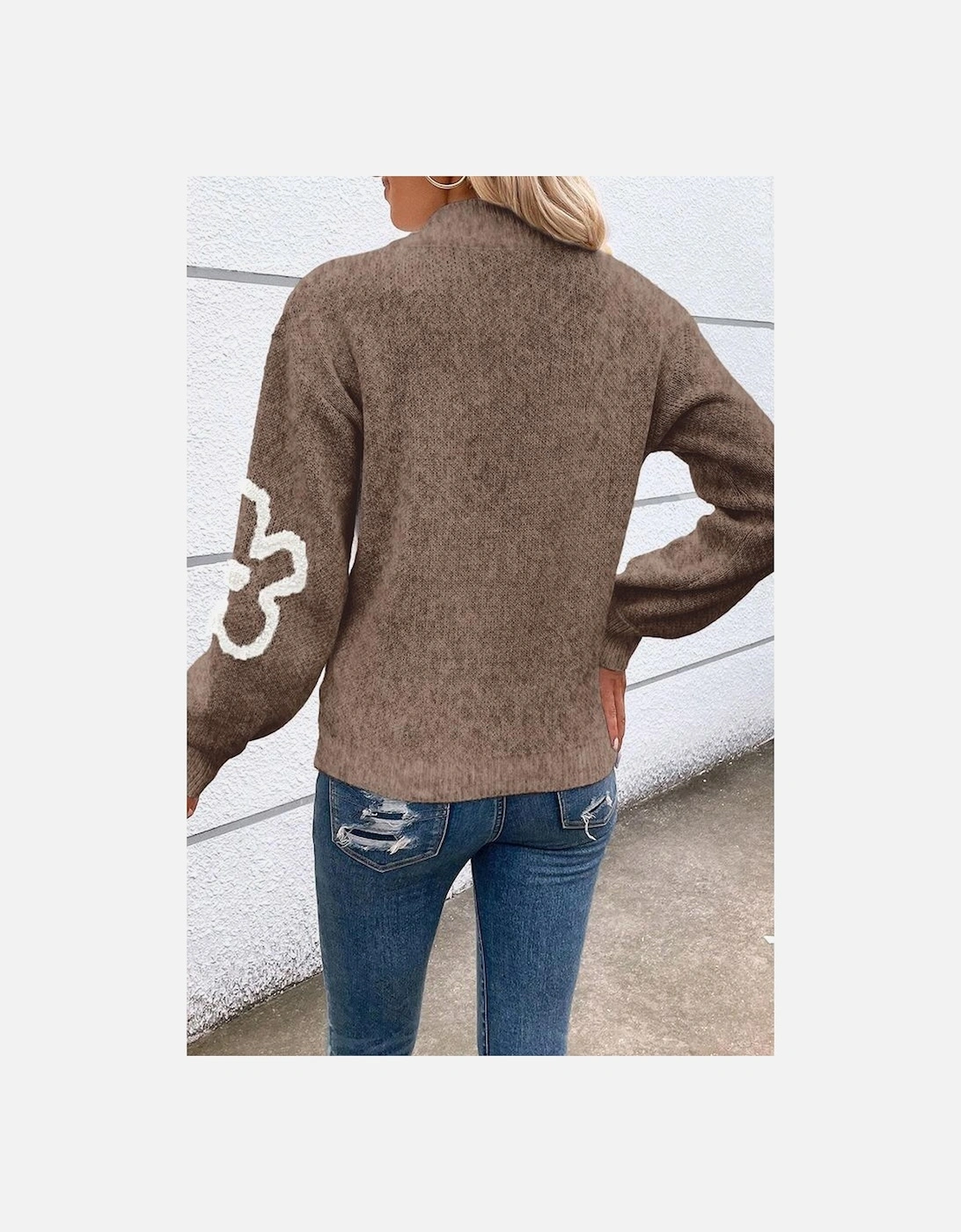 Parchment Contrast Flower Half Zipper Stand Neck Sweater