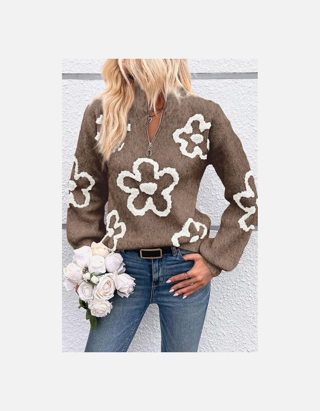 Parchment Contrast Flower Half Zipper Stand Neck Sweater