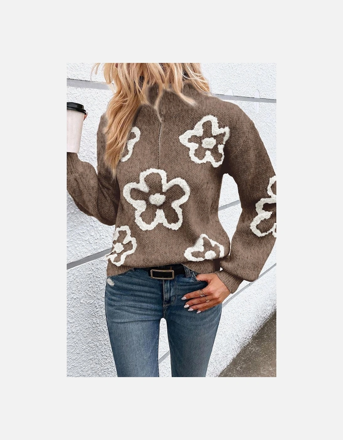 Parchment Contrast Flower Half Zipper Stand Neck Sweater