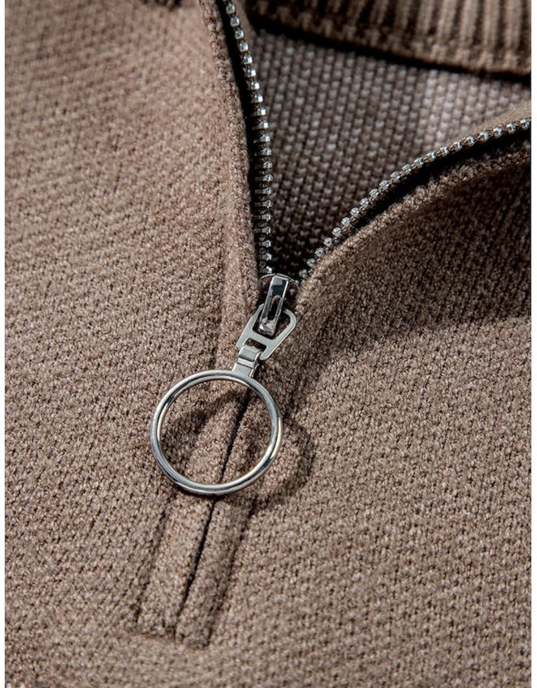 Parchment Contrast Flower Half Zipper Stand Neck Sweater