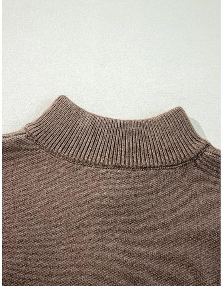 Parchment Contrast Flower Half Zipper Stand Neck Sweater