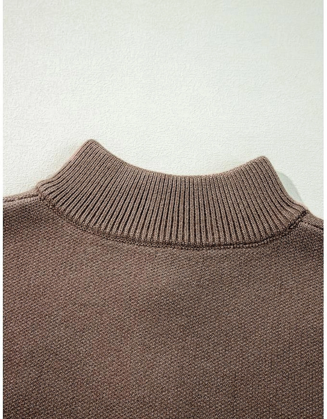 Parchment Contrast Flower Half Zipper Stand Neck Sweater