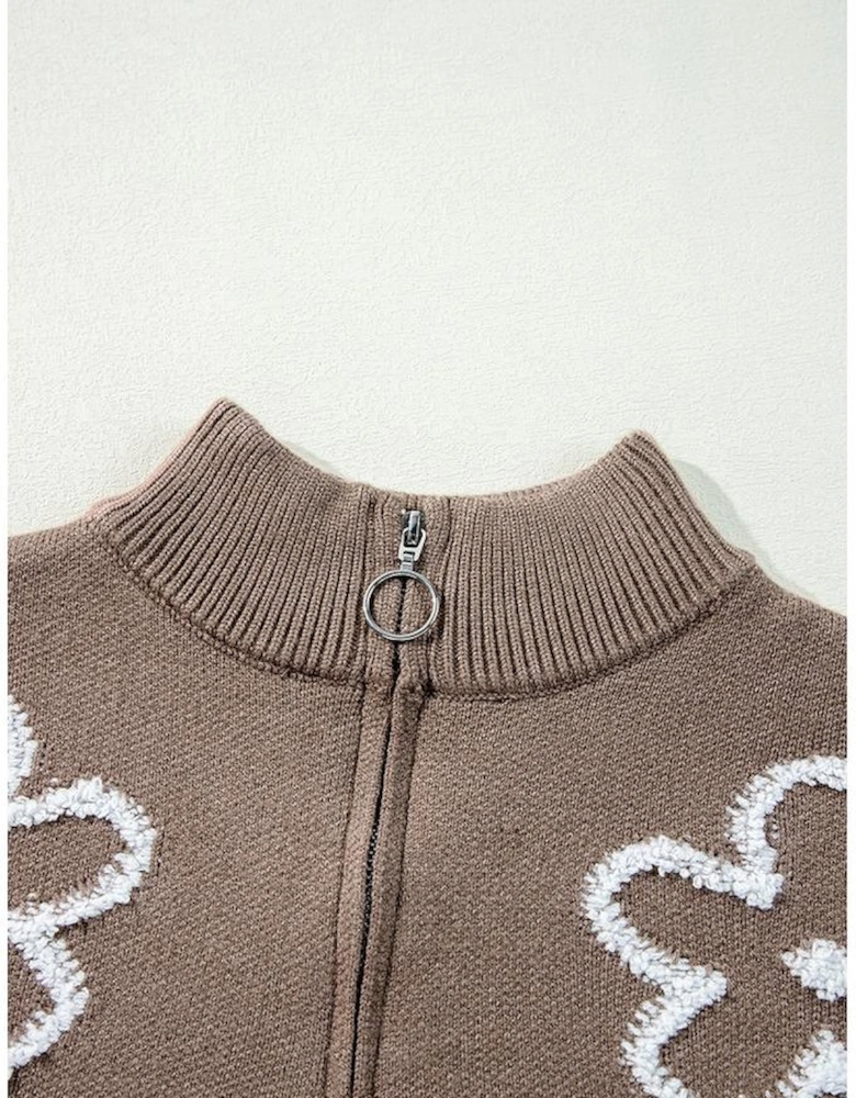 Parchment Contrast Flower Half Zipper Stand Neck Sweater