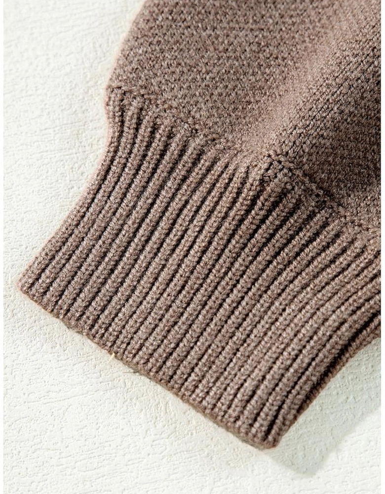 Parchment Contrast Flower Half Zipper Stand Neck Sweater