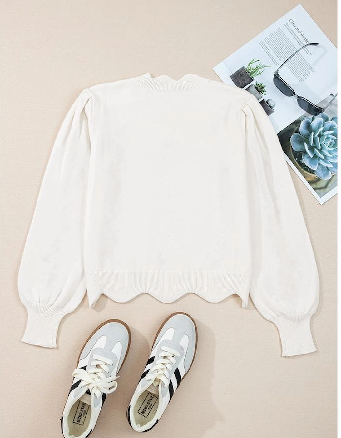 White Floral Embroidered Scallop Hem Cropped Sweater