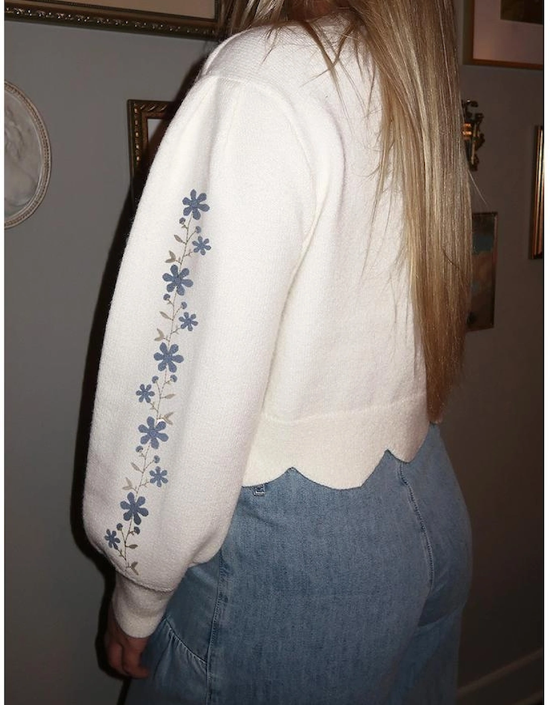 White Floral Embroidered Scallop Hem Cropped Sweater, 10 of 9