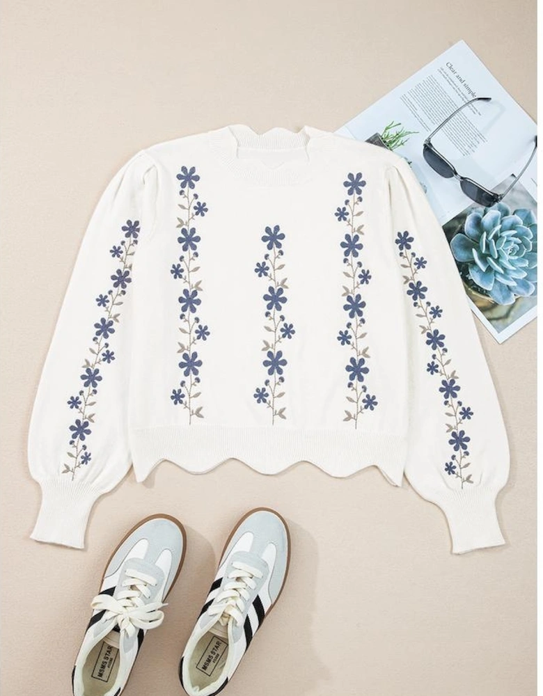White Floral Embroidered Scallop Hem Cropped Sweater