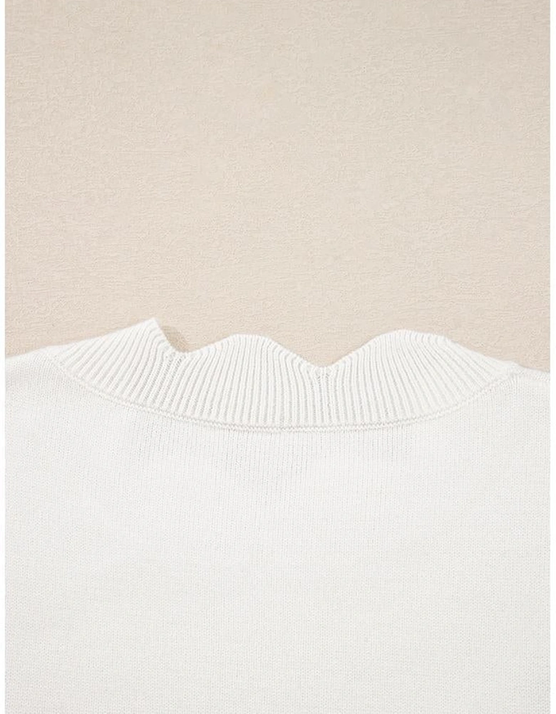 White Floral Embroidered Scallop Hem Cropped Sweater