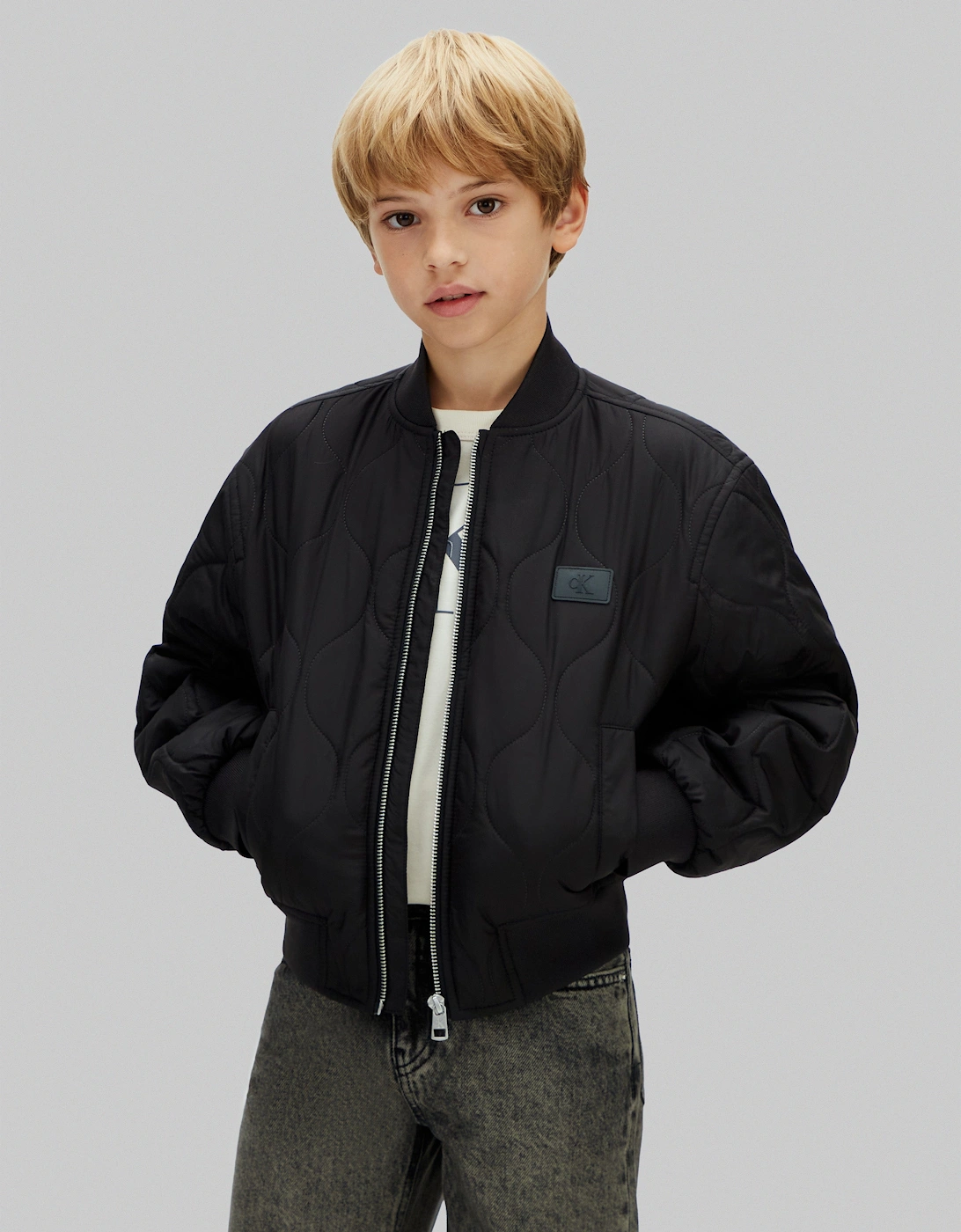 Boys Quilted Bomber Jacket in Black
