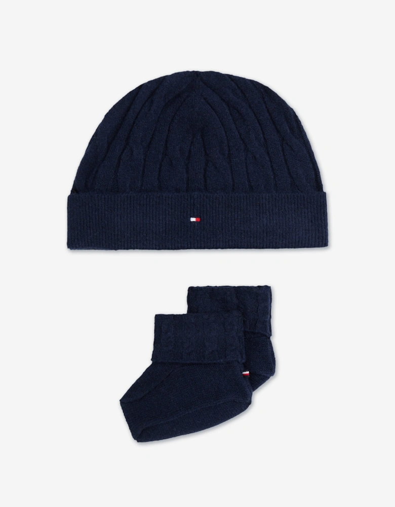Baby Boys Cable Knit Beanie and Booties Set in Navy
