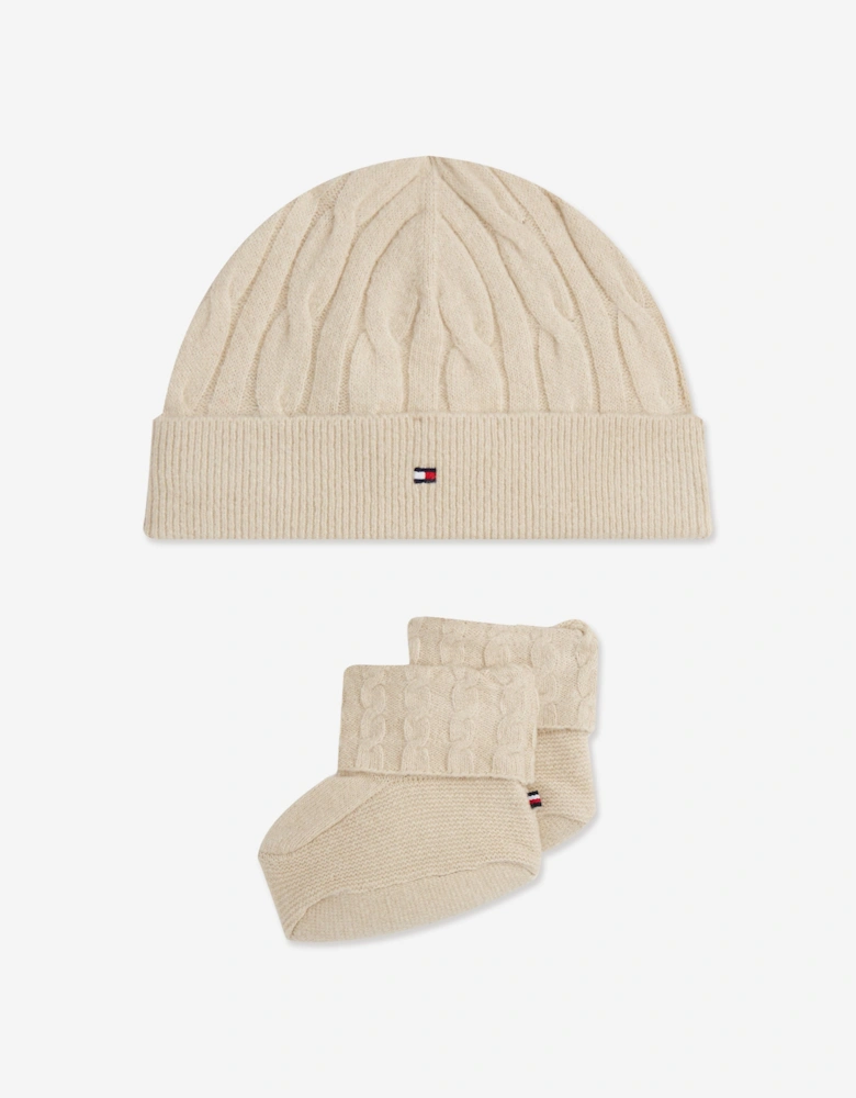 Baby Cable Knit Beanie and Booties Set in Beige