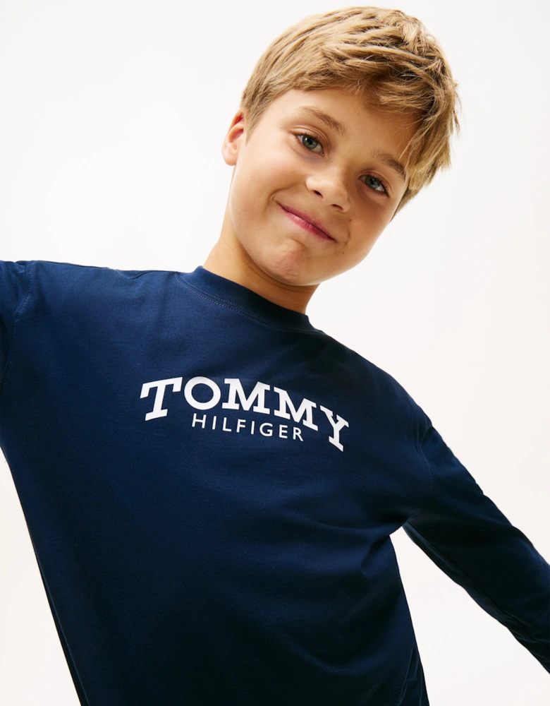 Boys Monotype Print Long Sleeve T-Shirt in Navy