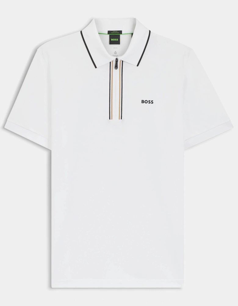 BOSS Green Philix Mens Slim Fit Zip Polo Shirt in Moisture-Wicking Stretch Cotton - White 100