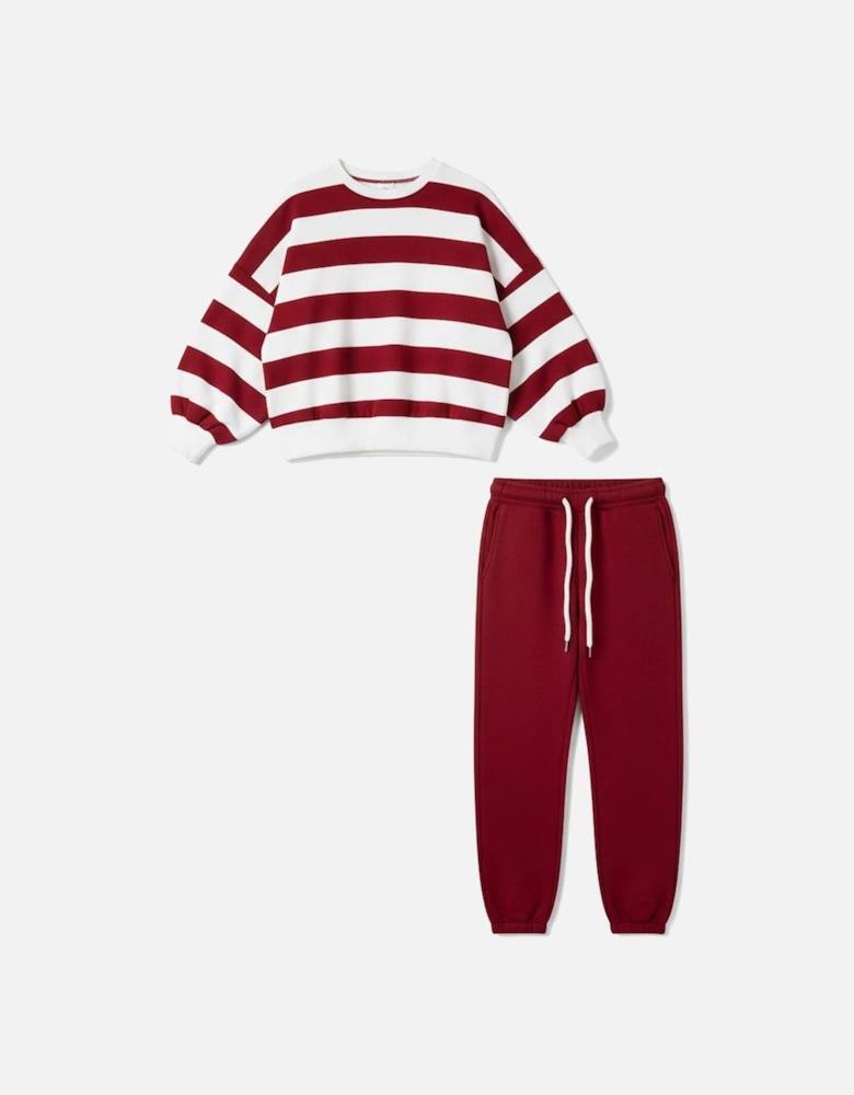 Red Stripe Drop Shoulder Pullover and Jogger Pants Set