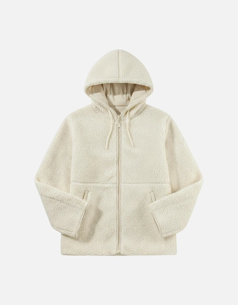 Beige Fleece Zip Up Drawstring Hooded Pocketed Jacket