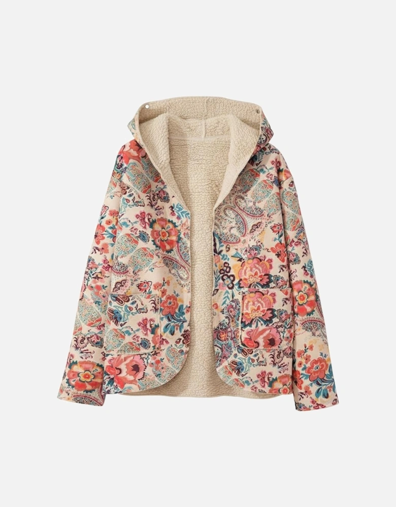 Beige Vintage Paisley Floral Printed Sherpa Lined Hooded Jacket