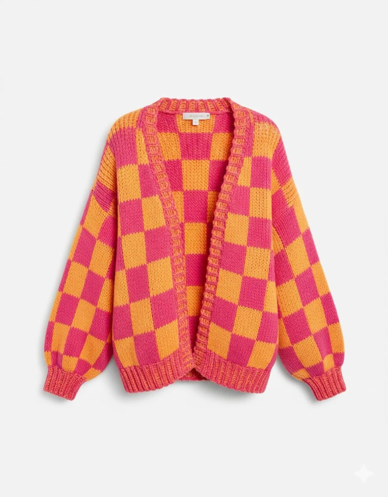 Multicolor Open Front Mixed Checkered Pattern Knit Cardigan