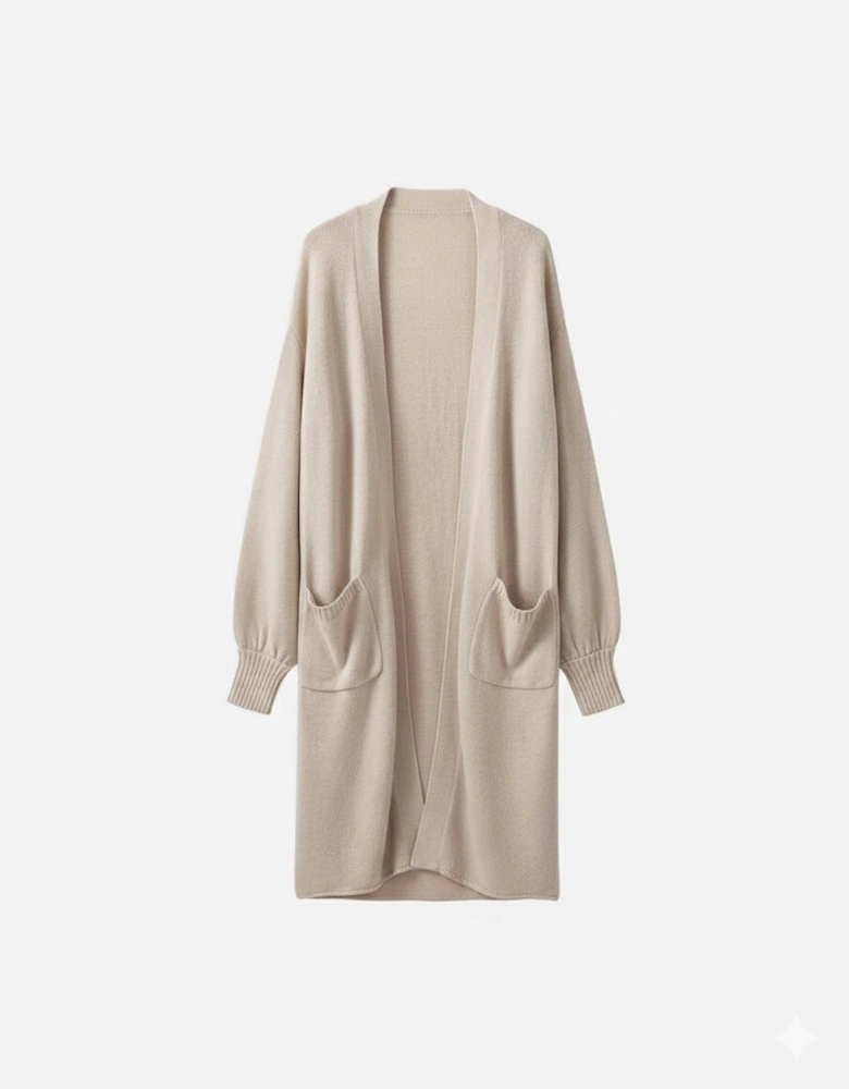 Beige Side Pockets Open Front Long Knitted Cardigan