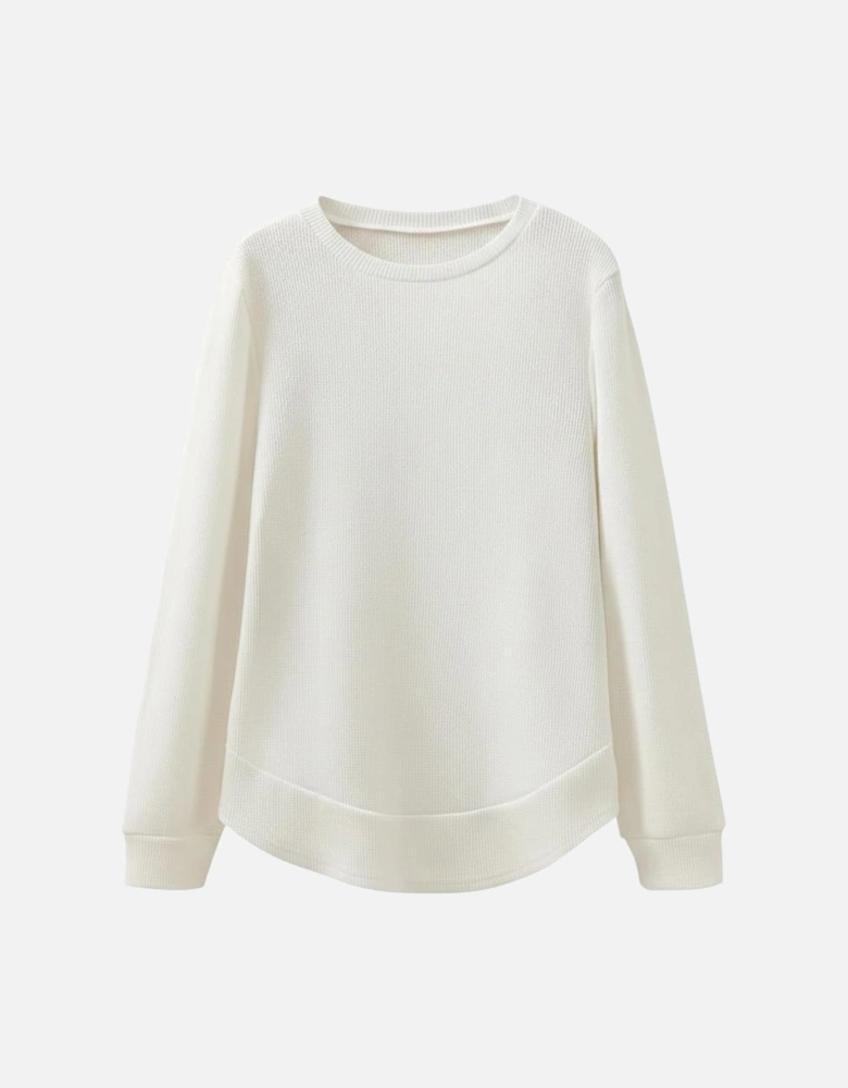 White Rounded Hem Waffle Long Sleeve Top