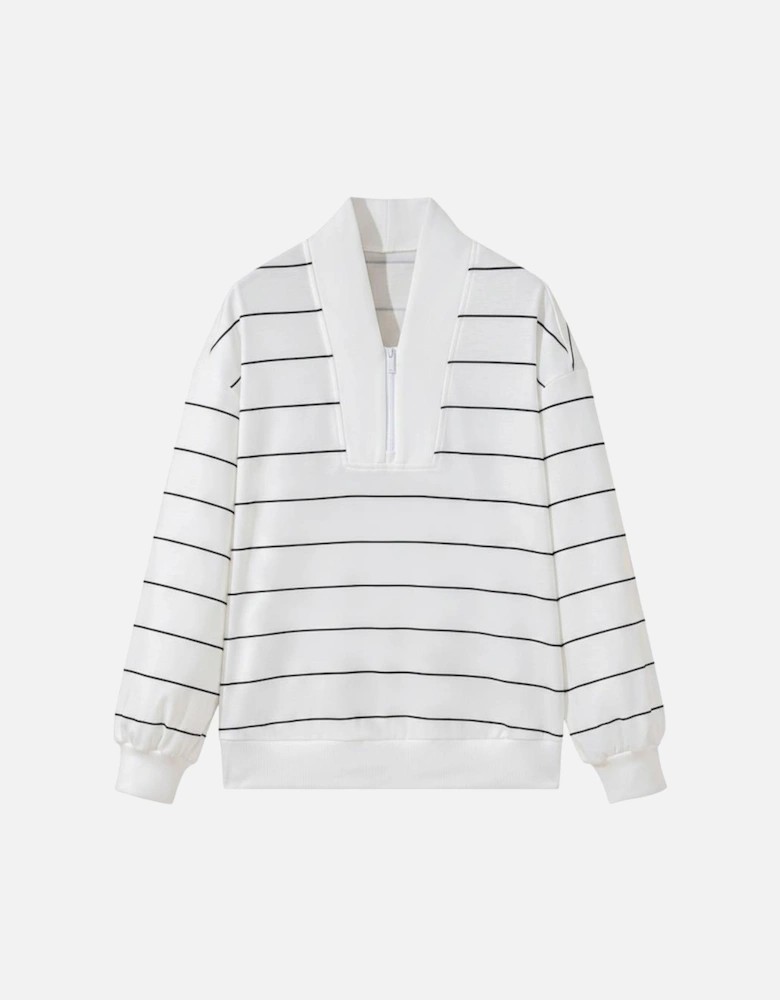 White Zip V Neck Casual Stripe Print Drop Shoulder Long Sleeve Top