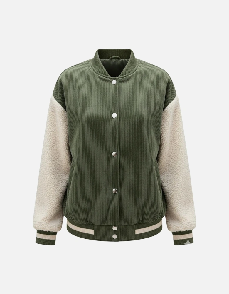 Mist Green Corduroy Fleece Patchwork Buttoned Bomber Jacket